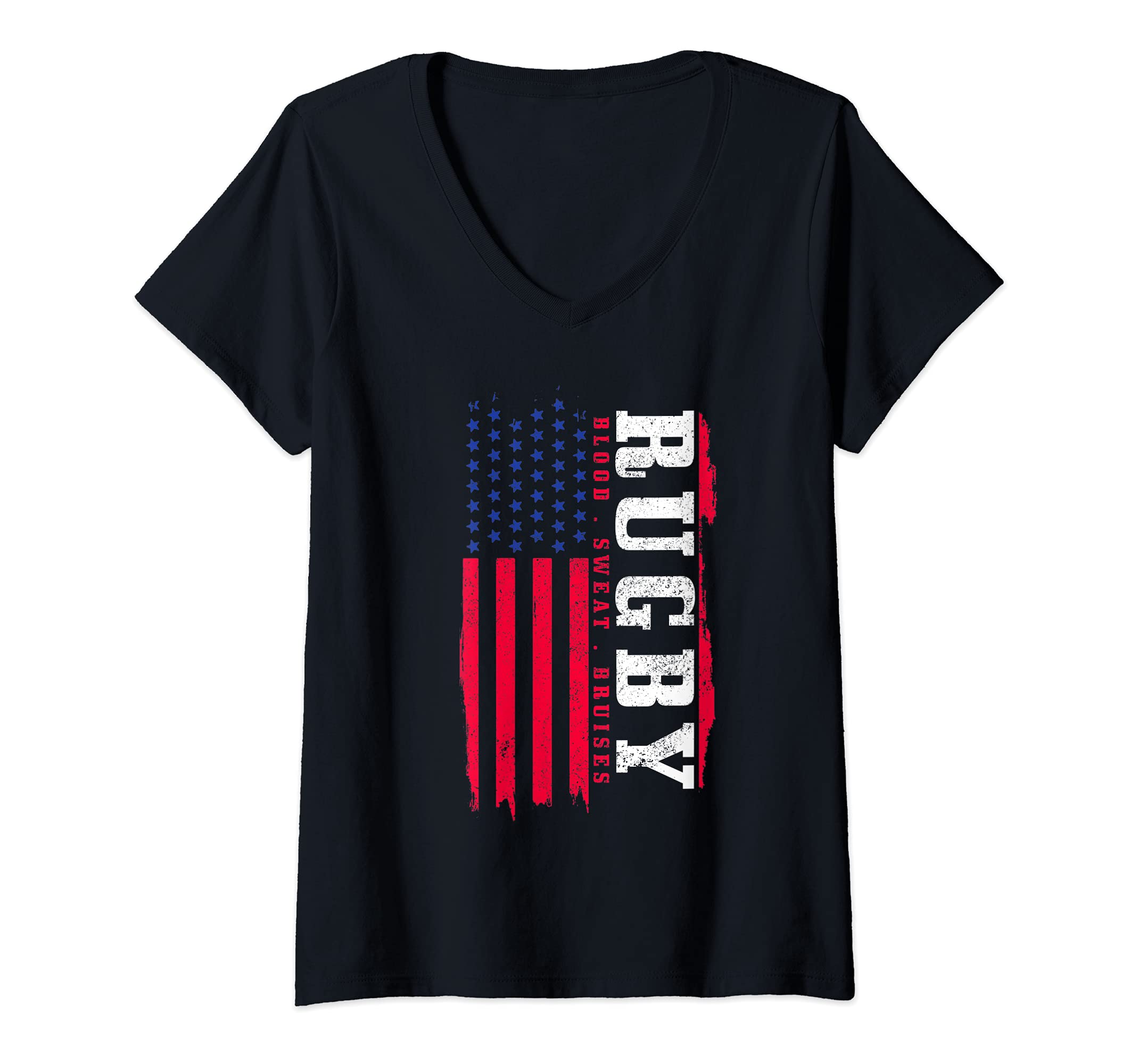 Womens Rugby American Flag Vintage Patriotic Rugby Player Fan V-Neck T-Shirt, Black