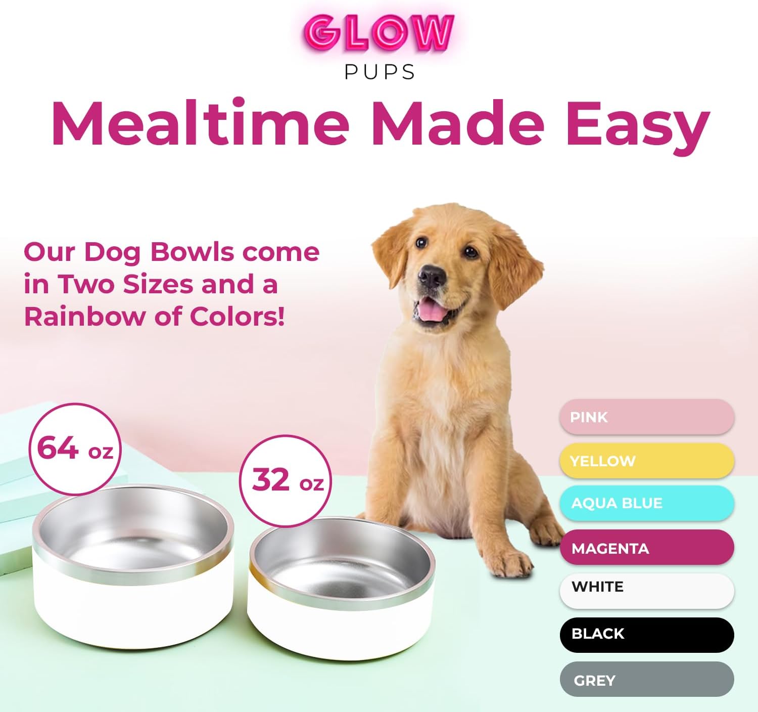 Glow Pups 64オンス ホワイトドッグボウル 中型および大型犬用 ノンスリップ二重壁真空断熱ステンレススチールドッグボウル