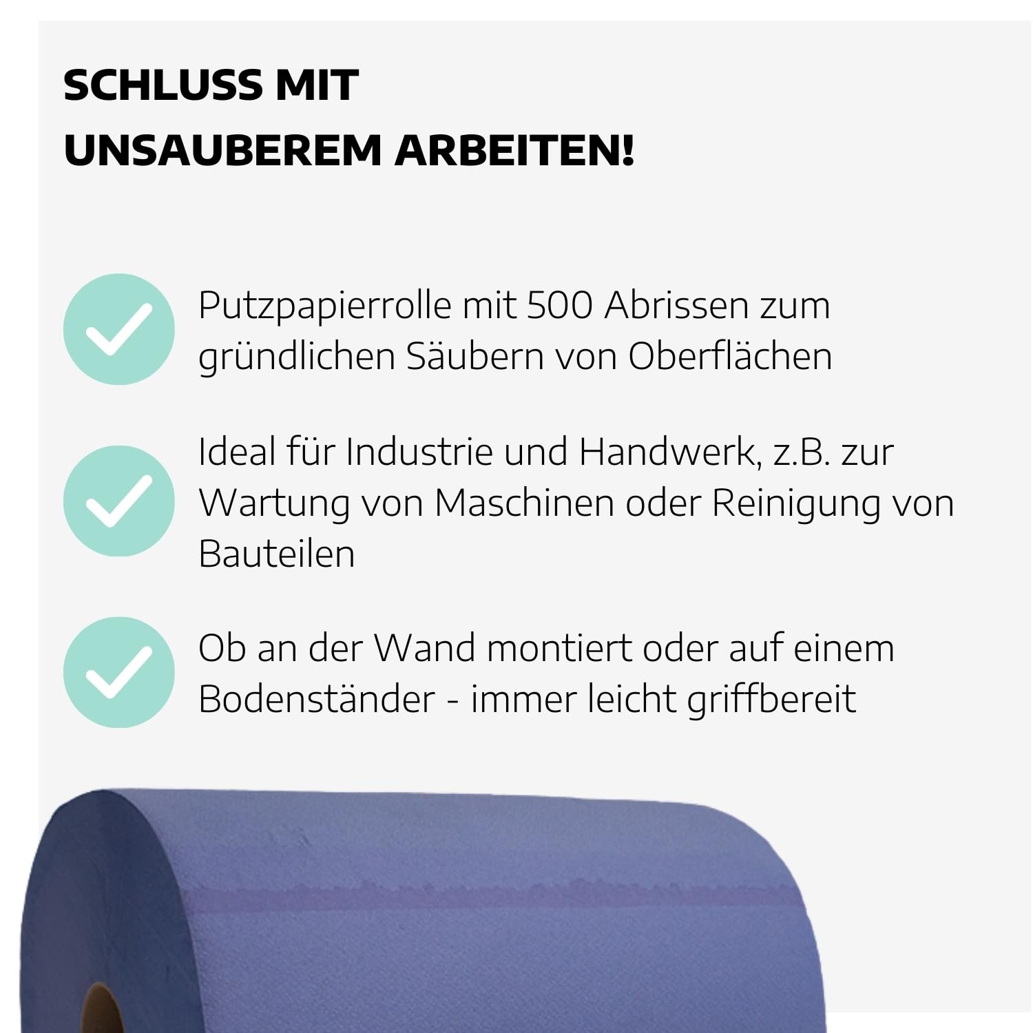 4 x Putztuchrolle blau I 3-lagig-verleimte Papierrolle-Werkstatt mit 500 Abrissen I saugstarke Putzpapierrolle I reißfeste Mehrzwecktücher aus 100% Recyclingmaterial I Werkstatt Tücher