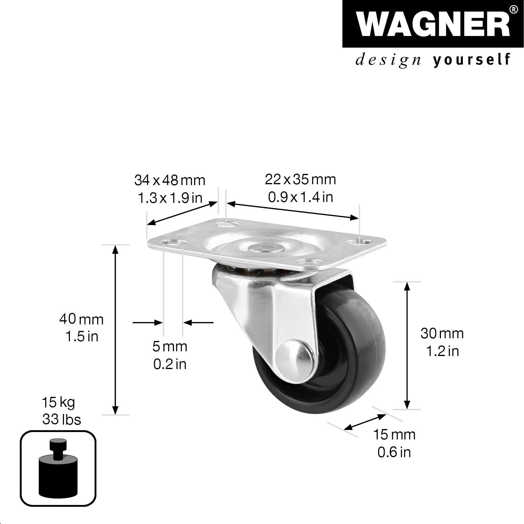 Wagner 02210920 Lot de 20 roulettes pivotantes pour meuble, diamètre 30 mm, hauteur 40 mm, acier galvanisé, noir, plaque de fixation 34 x 48 mm, charge maximale 15 kg