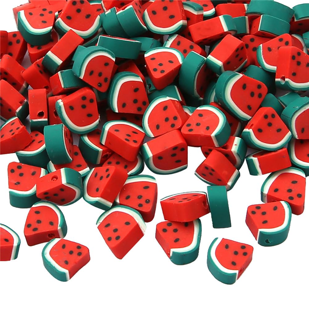 GSHLLO 200 Pcs Colorful Mixed Clay Beads Handmade Jewelry Loose Beads Polymer Clay Charms Flat Spacer Beads Necklace Earring Making Beads with Hole for DIY Crafts Watermelon, 7-10 mm, WHP1351R(2)