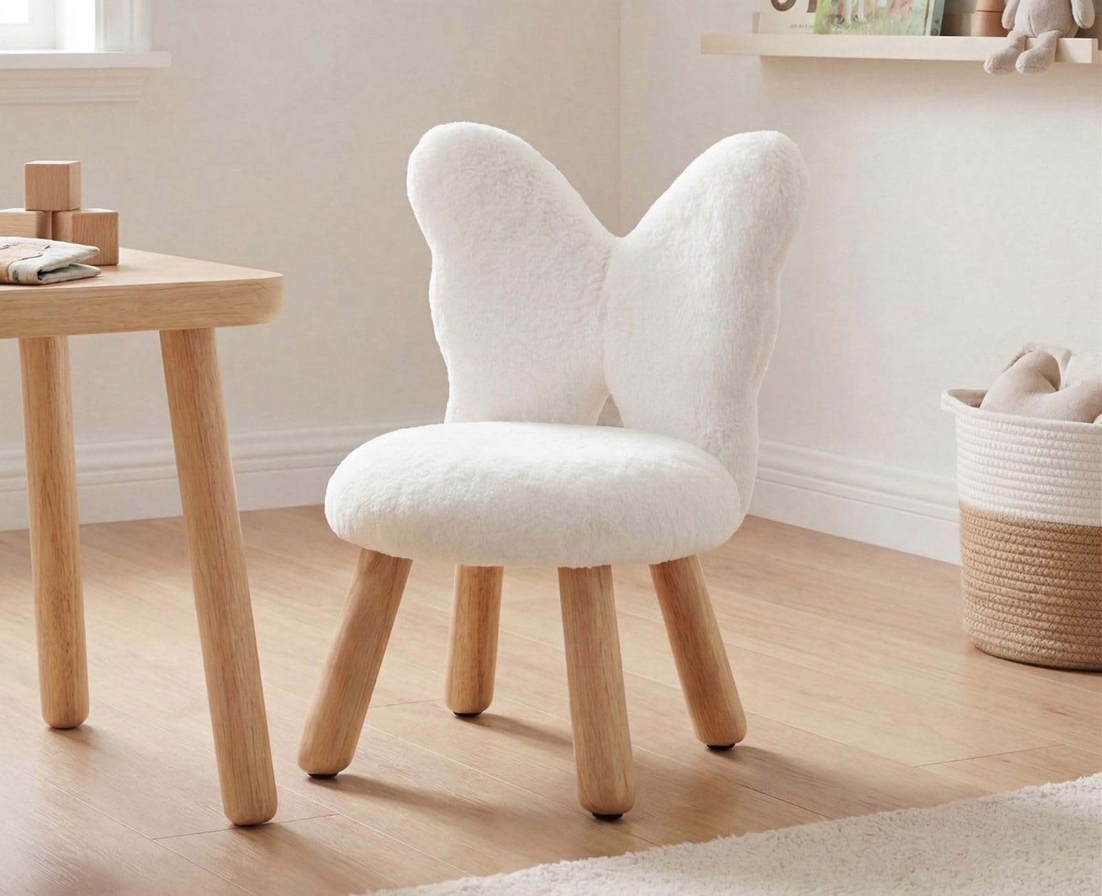 chairus Kindersessel Kunstfell Schmetterling, Weiß | Holzbeine, Gepolstert, Für Kinderzimmer, Für Spielzimmer