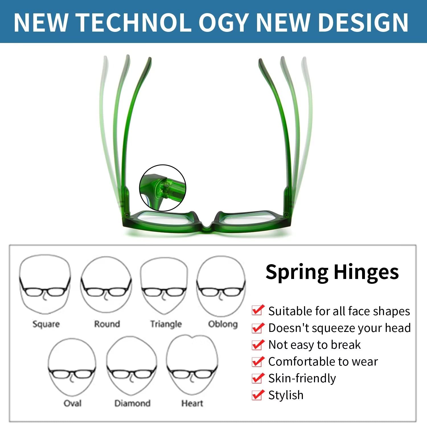 Amorays Occhiali da Lettura Oversize Square Frame Vintage con Anti Luce Blu Lenti Cerniera a Molla Occhiali Presbiopia Lettori per Donna Uomo 6561NEW(Verde,+2.5)