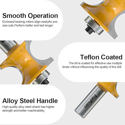 Miniatura 10 de Fivepears Juego de 5 brocas para enrutador de punta redondeada de 12 vástago, rodamientos medio redondos para carpintería, brocas de borde con punta