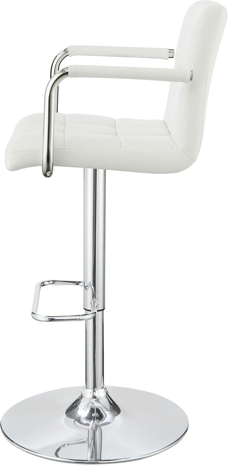 Coaster Home Furnishings - Palomar - Faux Leather - Adjustable Bar Stool with Armrest, Tufted Design, Chrome Base and Footrest - Home Bar, Kitchen Furniture - White & Chrome - 121097