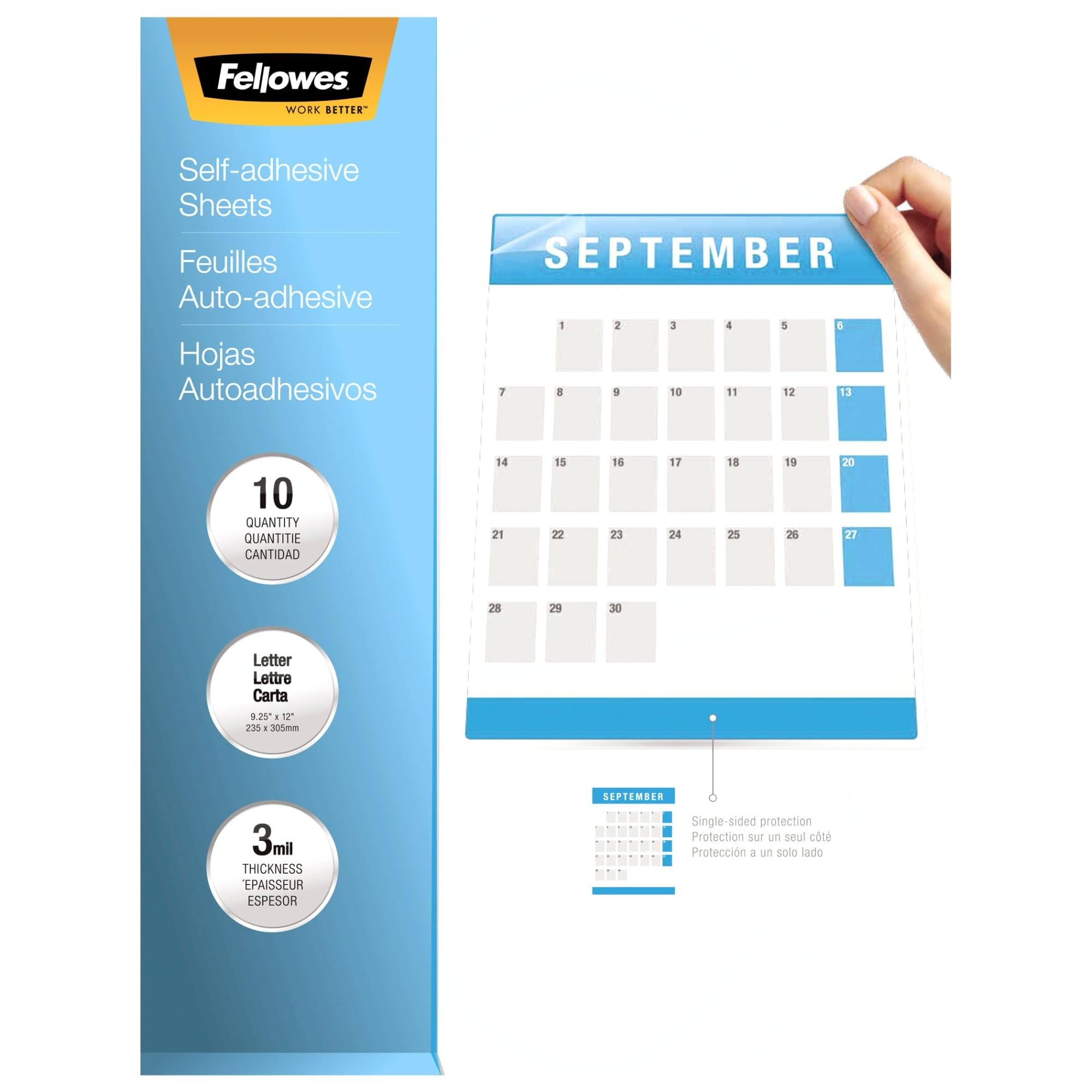 Fellowes Fogli di laminazione autoadesivi, 23,5 x 30,5 cm, 3 mil, trasparente, confezione da 50