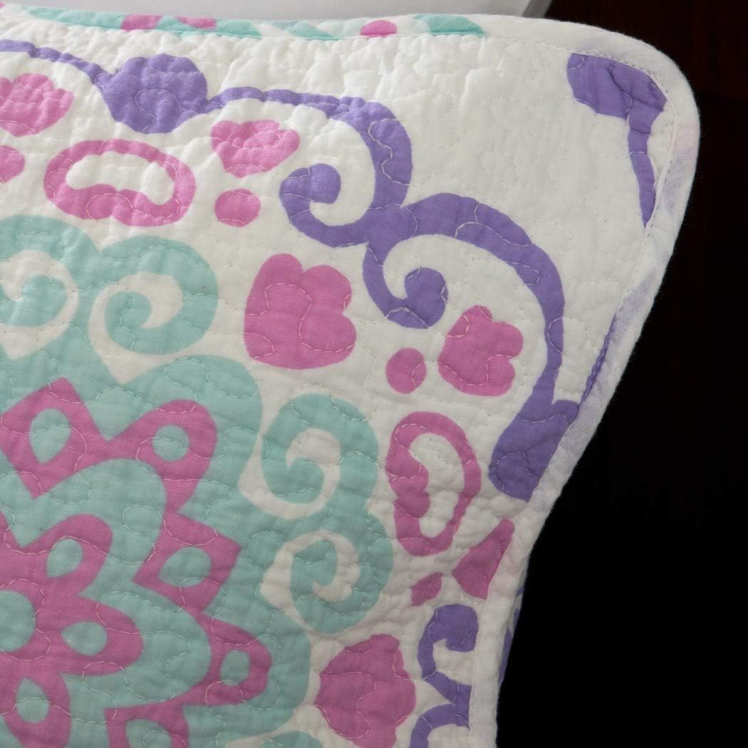 Uр Tо 40% оƒƒ DH 3 Piece Girls Medallion Quilt Twin Set, Cute All Over Flowers Mandala Motif Bedding, Multi Floral Heart Swirls Pattern, Bohemian Boho Chic Flower Themed, White Teal Blue Lavender Plum Violet Pink