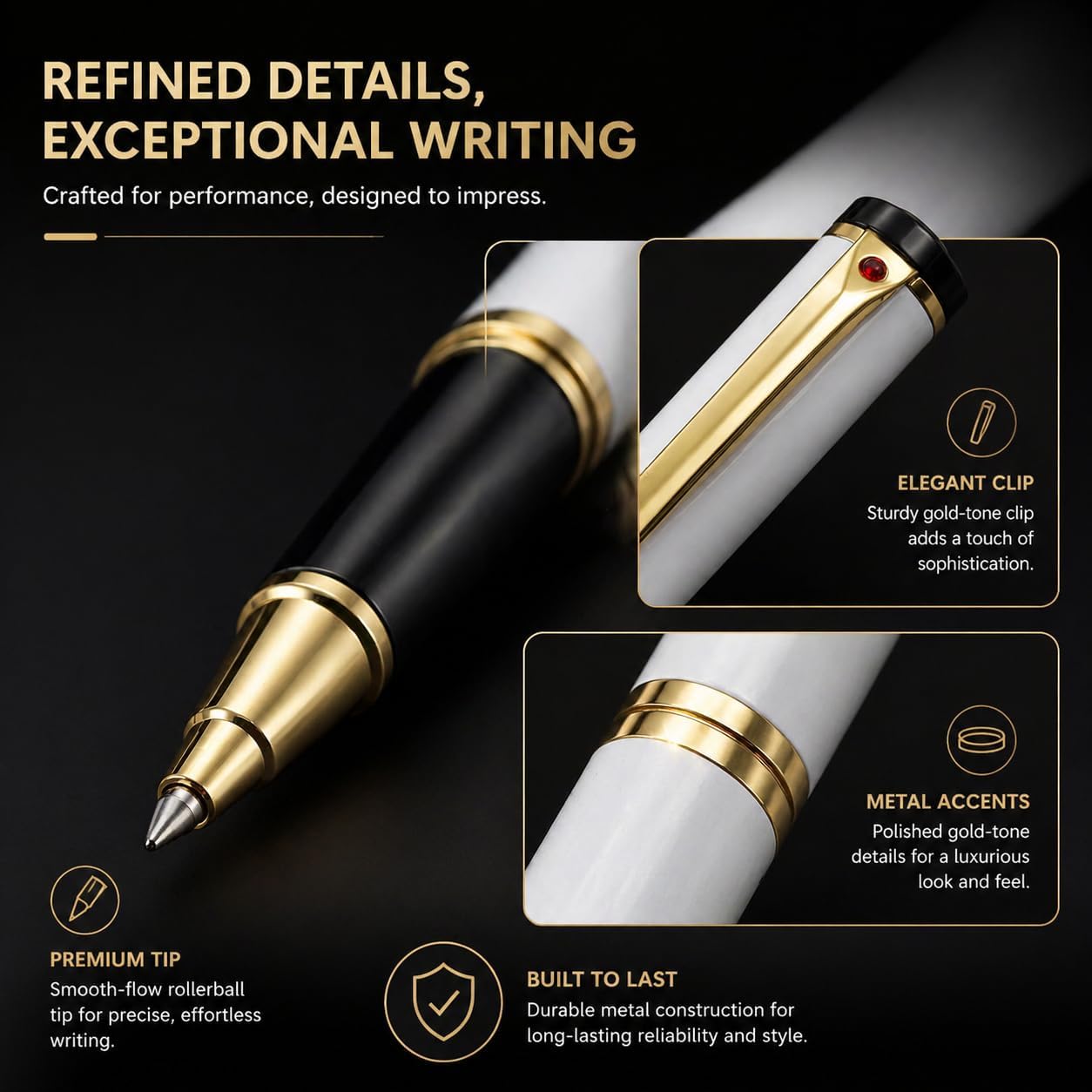 Luxury Ballpoint Pen, 24k Gold Trim, Best Rollerball Pen Gift Set for Men and Women, Perfect for Signature Executive Office, Beautiful Pen Gift Box, Writing and Drawing (White)