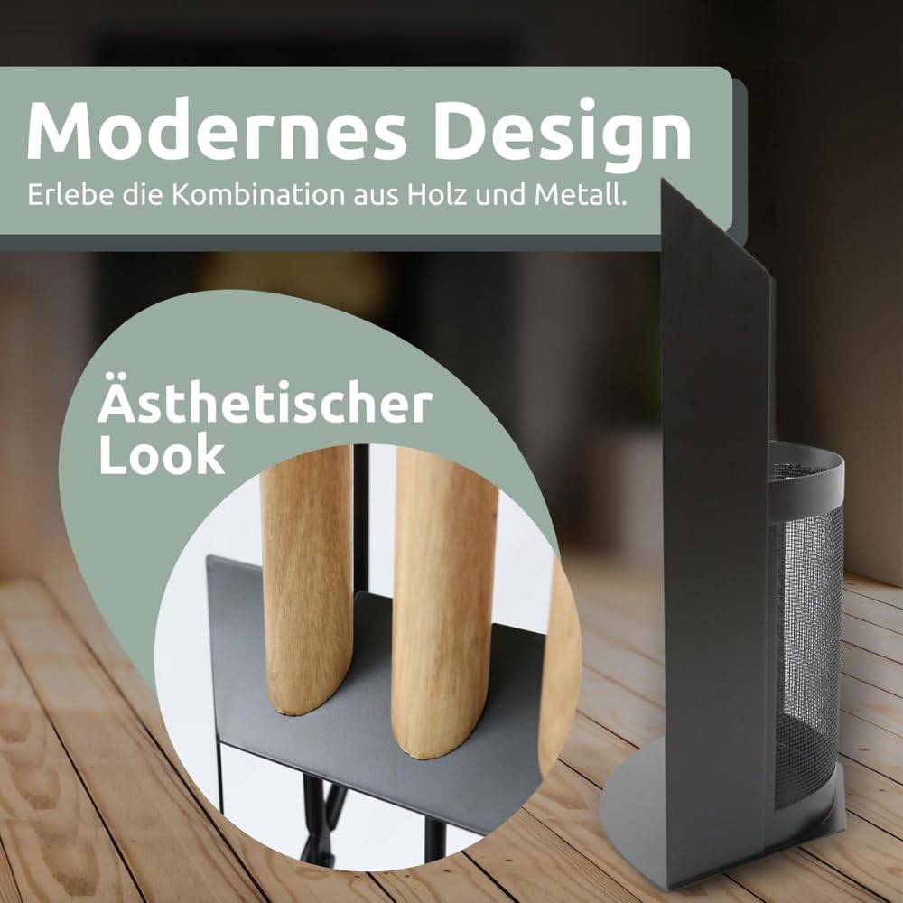 Kaminbesteck modern THEO | 6-teilig mit Holzgriff | Schürhaken Besen Ascheschaufel | Kamingarnitur Schwarz Ofenbesteck Kaminzubehör