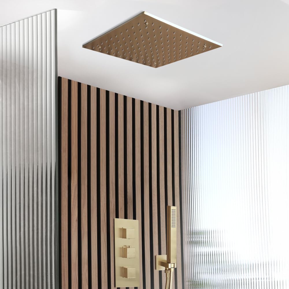 Milano Lyra Thermostatic Mixer Valve 400Mm Recessed Shower Head Handset - Brushed Brass