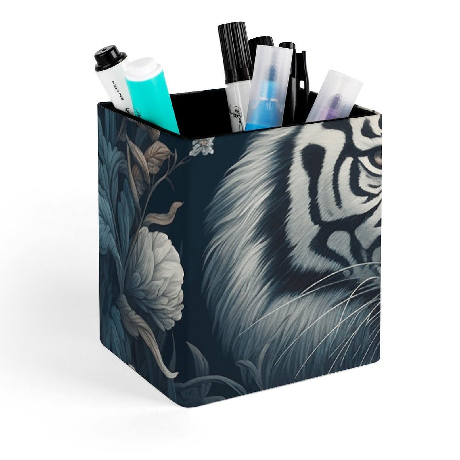 FekiLoot Tiger And Flowers Pencil Holder Square Leather Pen Holder Cup Modern Multi-Functional Pencil Cup Holder Decorative Desk Organizer Caddy Makeup Brush Holders for Desk Office
