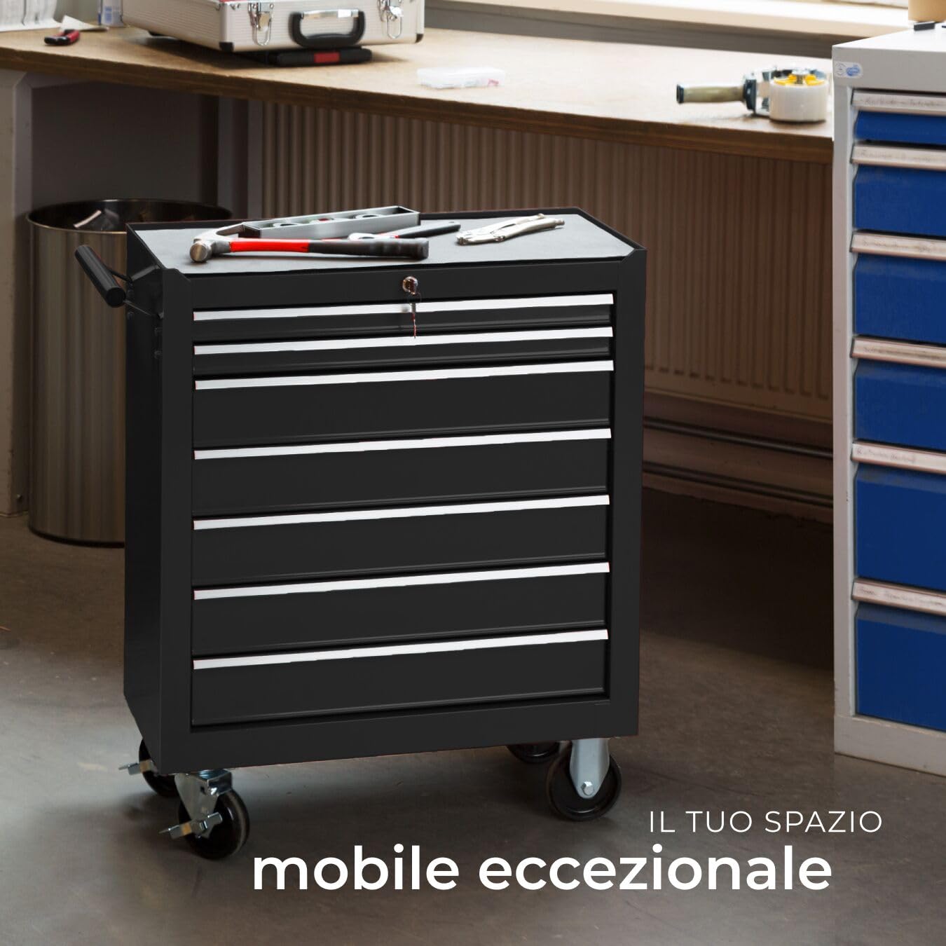 tectake® Carrello Portautensili, Carrello, Porta Attrezzi Officina con Ruote, 7 Cassetti, Carrello Porta Attrezzi, Attrezzatura Officina, Attrezzi da Lavoro - Nero