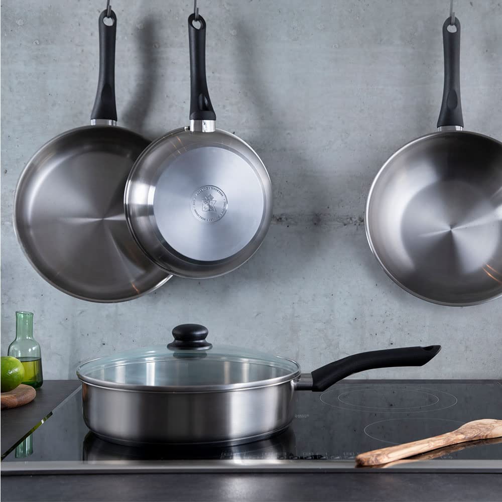 BK Bold Sartén wok de acero inoxidable de 28 cm, apta para inducción, acabado satinado, mango de larga duración, apto para lavavajillas, plata
