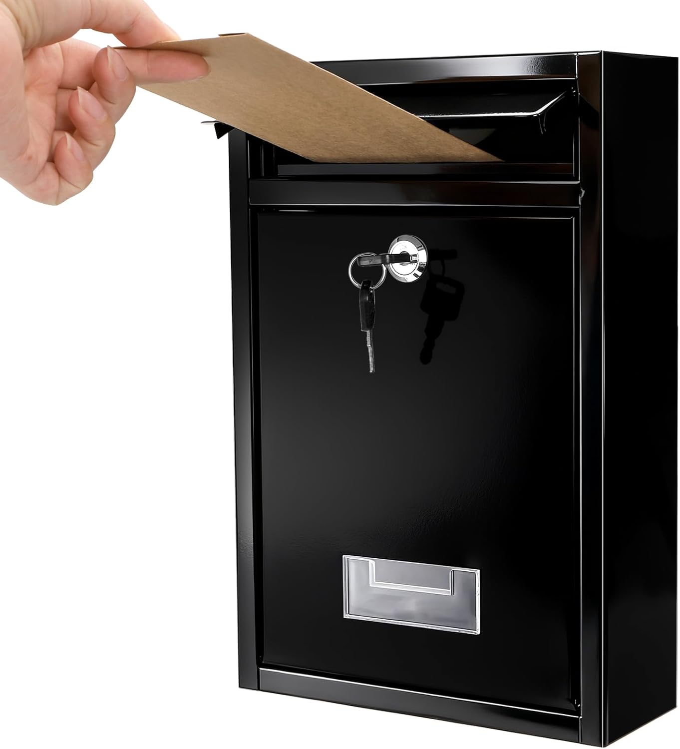 DEAYOU Wall Mount Mailbox for Outside, Mail Box with Key Lock, Steel Cover Metal Drop Box, Dropbox with Slot for Envelope, Home, Office Business, Decor, 12.6" H x 8.5" L x 3.3" W, Black