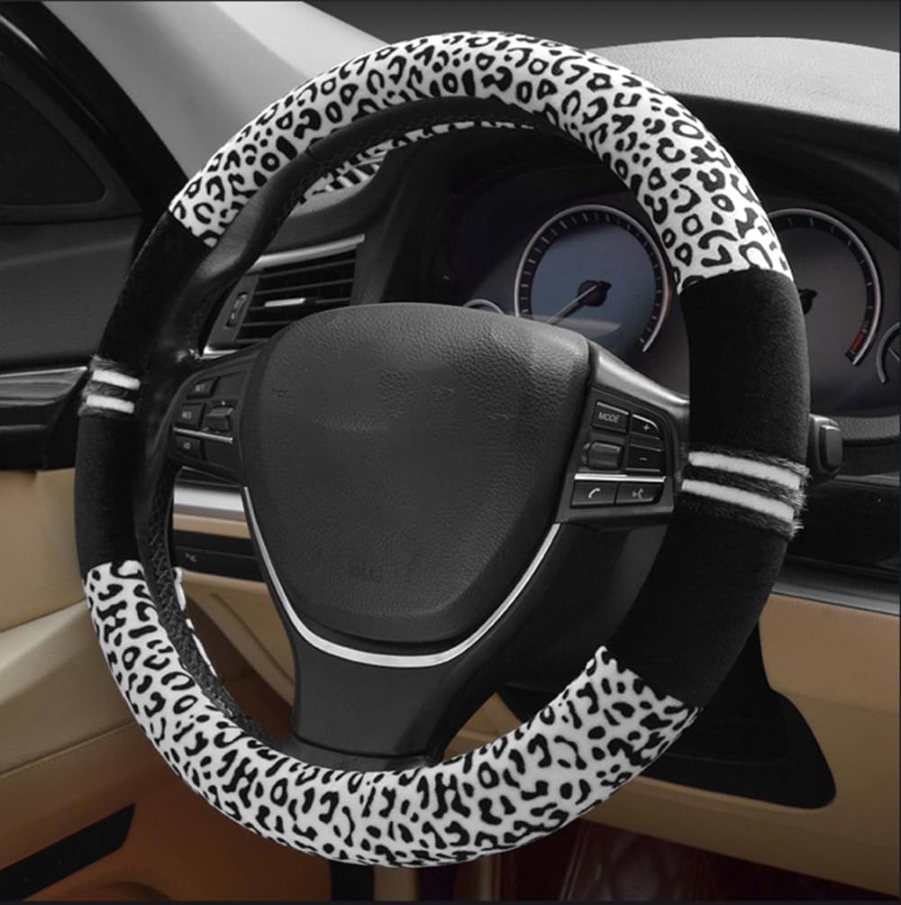 INEBIZ Luxury Leopard Print Fashionable Plush Car Steering Wheel Cover, Universal Fit, Keep Warm for Car SUV (Black+White)