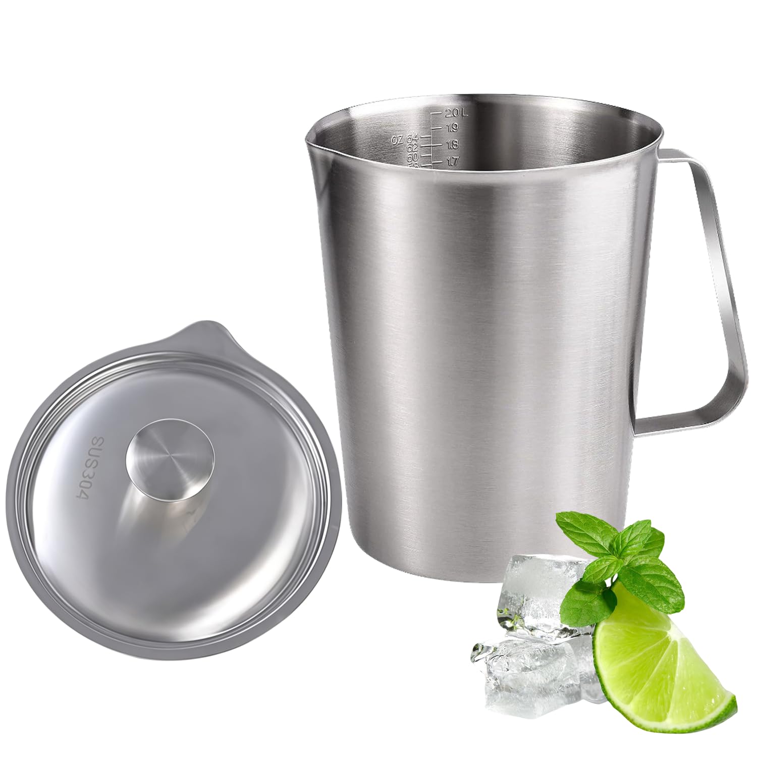 Dzbanek ze stali nierdzewnej z pokrywką, metalowy kubek pomiarowy 2000 ml, duża zlewka z podziałką do latte art, mrożonej herbaty, gorących lub zimnych napojów