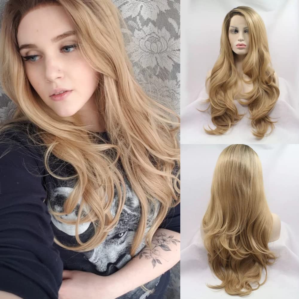 Xiweiya Long Wavy Hair Ombre Blonde Lace Wigs with Light Brown Roots 13x3 Lace Side Part Synthetic Lace Front Wig Heat Resistant Fiber Blonde Wigs for Women Daily Wear 24” - Image 2