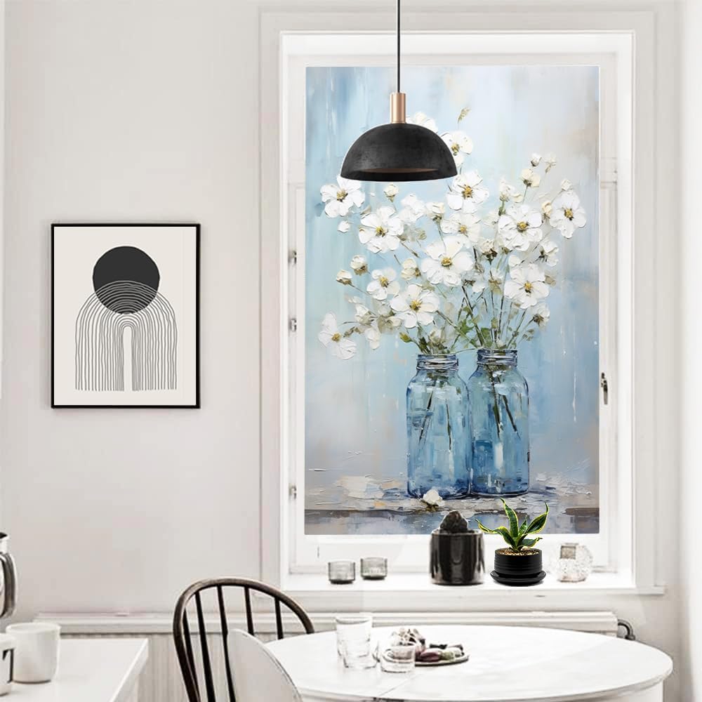 White Floral Plants Window Film Heat Blocking Abstract Vase Flower Wildflowers Privacy Window Decor Glass Door Covering Self-Adhesive Window Stickers for Bathroom Kitchen 35.4Wx63L inch