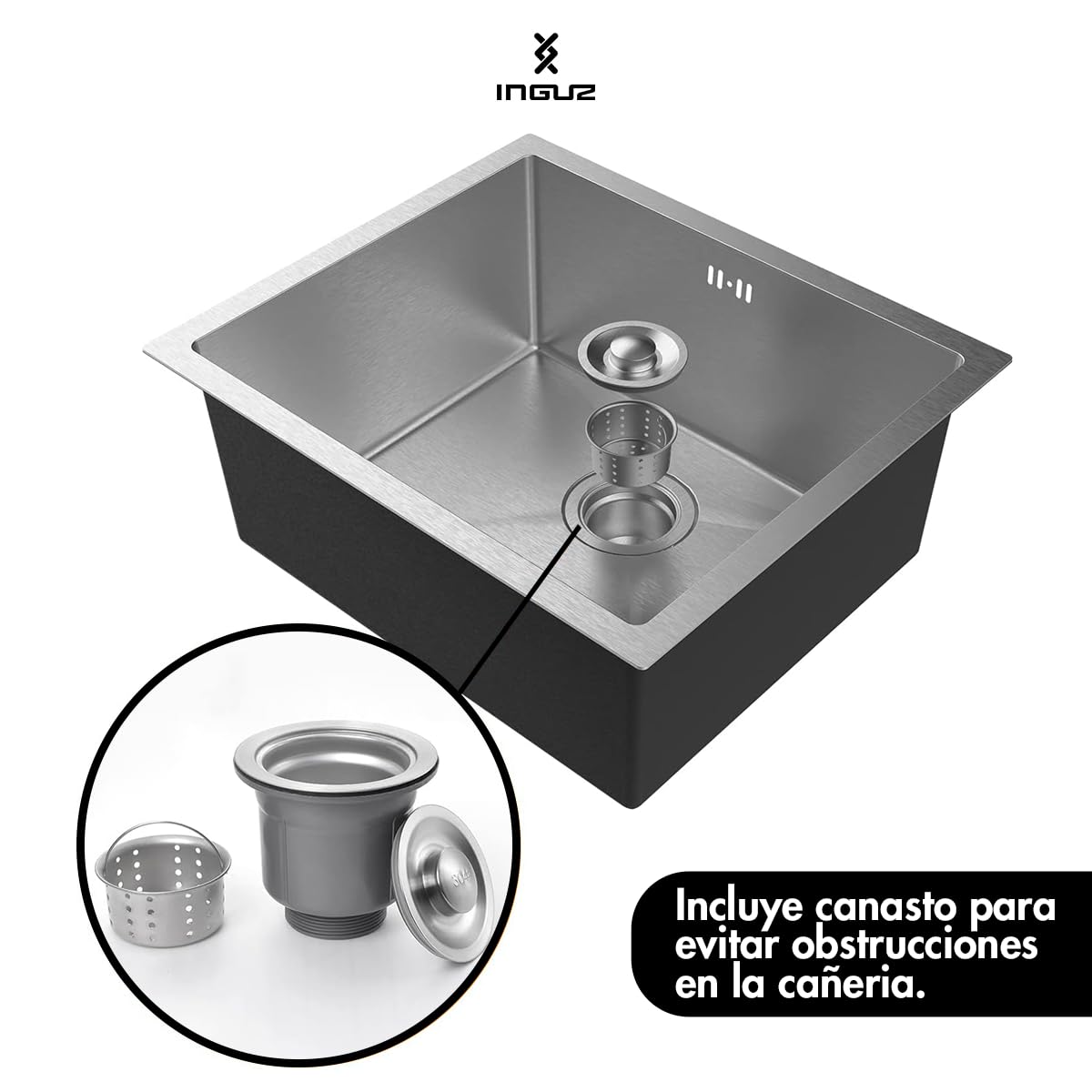 Fregadero de Cocina Erik Bajo Mesada (Acero Inoxidable) 68 x 45 CM. Incluye desague y clic clac de laton. INGUZ.
