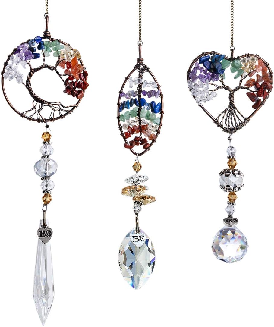 H&D HYALINE & DORA Handmade Chakra Suncatcher Window Hanging Crystal Drop Prism Ornaments,Pack 3pcs