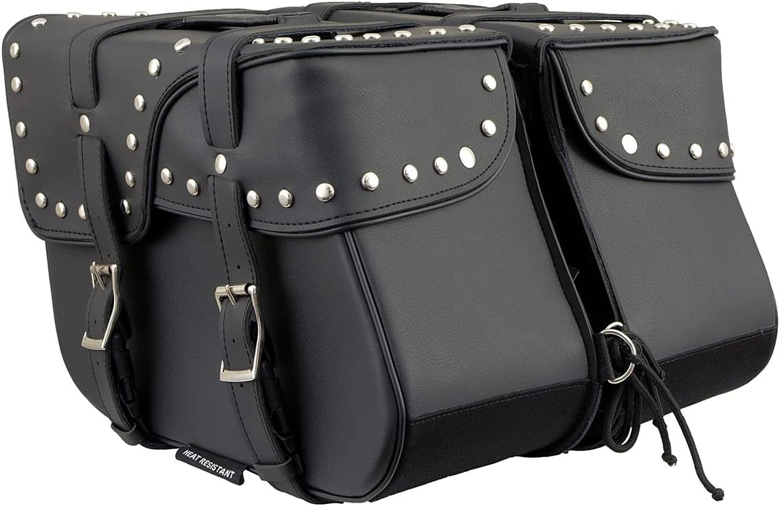 Milwaukee Leather SH645ZB Black 2-Strap PVC Zip Off Throw Over Motorcycle Saddlebags with Chrome Studs - One Size