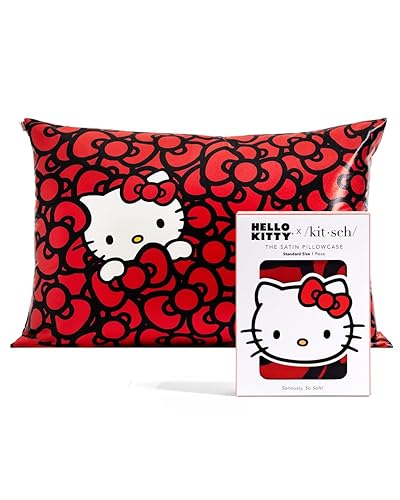 Kitsch x Hello Kitty Sea of Bows - Satin Pillowcase with Zipper for Hair and Skin, Softer Than Silk, Smooth Cooling Pillow Covers, Machine Washable - Queen/Standard Size (19x26) - Hello Kitty - Sea of Bows - Standard/Queen (1 Pack)