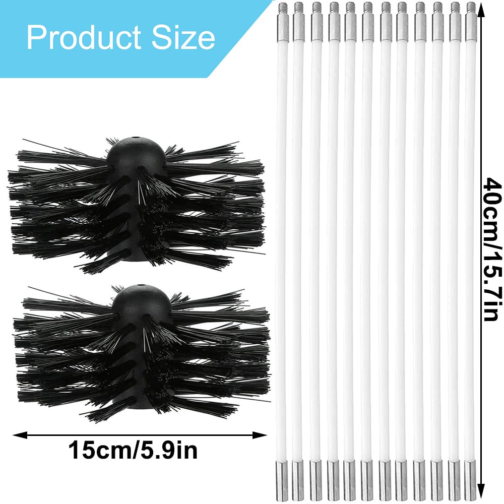 Kit de Herramientas de Limpieza para Secador de Chimenea, Cepillo Limpieza Chimenea, Juego Limpieza Ventilación Conducto con 12 Varillas 2 Cabezales Cepillo 1 Conector, Varillas Flexibles