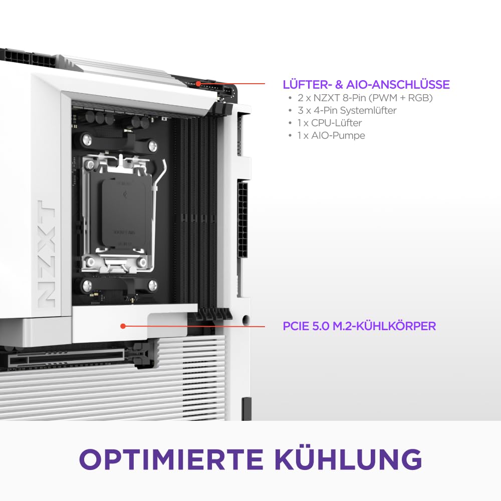 NZXT N7 B850 - AMD B850 AM5 ATX Gaming-Mainboard für Ryzen 9000/8000/7000 – 16+2+1, DDR5, 3X M.2, PCIe 5.0, Wi-Fi 6E, 2.5GbE, USB 4 – M.2 NVME mit Schnellverschluss – Vollabdeckung – Weiß