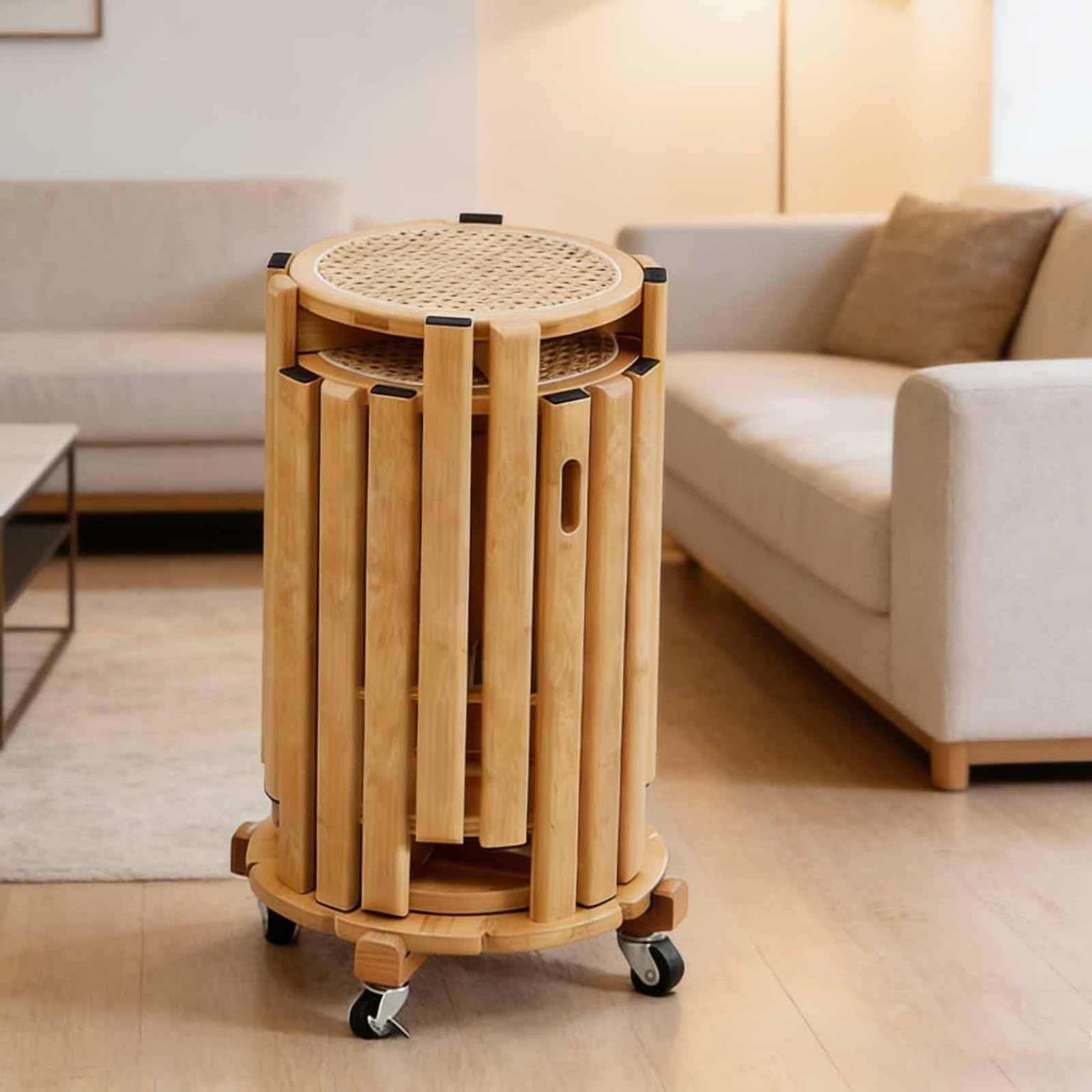 XNZJHPP 6-in-1 Stackable Rattan & Bamboo Nesting Stools Set of 6 - Versatile Coffee & End Tables for Living Room, Patio, and Outdoor Use (With Wheels B)