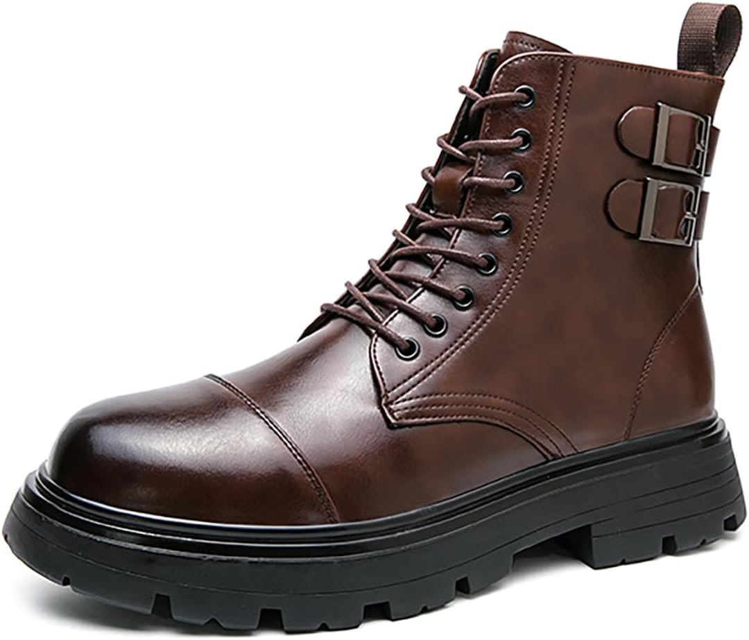 Men's Leather Lace-Up Platform Motorcycle Boots Fashion Round Toe Side Zipper High Top Combat Boots with Adjustable Buckle Comfort Non-Slip Lug Sole Ankle Boots