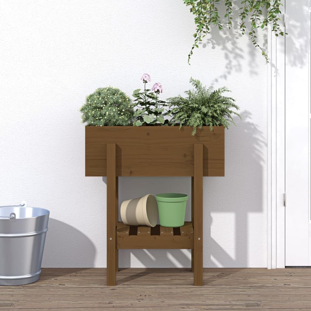 Macetero, maceta para plantas, jardinera elevada, jardinera para exteriores, maceta adecuada para patio trasero, jardines, restaurantes, cafés, color marrón miel, 62 x 30 x 69 cm, madera maciza de
