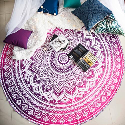 Magenta Marvel Mandala, runder Wandteppich, Hippie, indisches Mandala, Stranddecke oder Hippie, Bohemian-Tischdecke oder Boho-Tischdecke aus Baumwolle, Strandtuch, runde Yogamatte - 183 cm, Rosa Cover