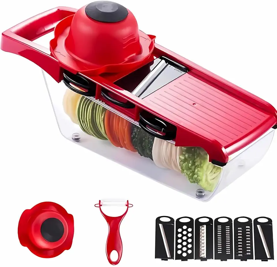 Cortador de Legumes Multifuncional com 6 Lâminas, Fatiador e Ralador com Recipiente e Tampa, Inclui Descascador – Cortador de Verduras Manual (Vermelho)