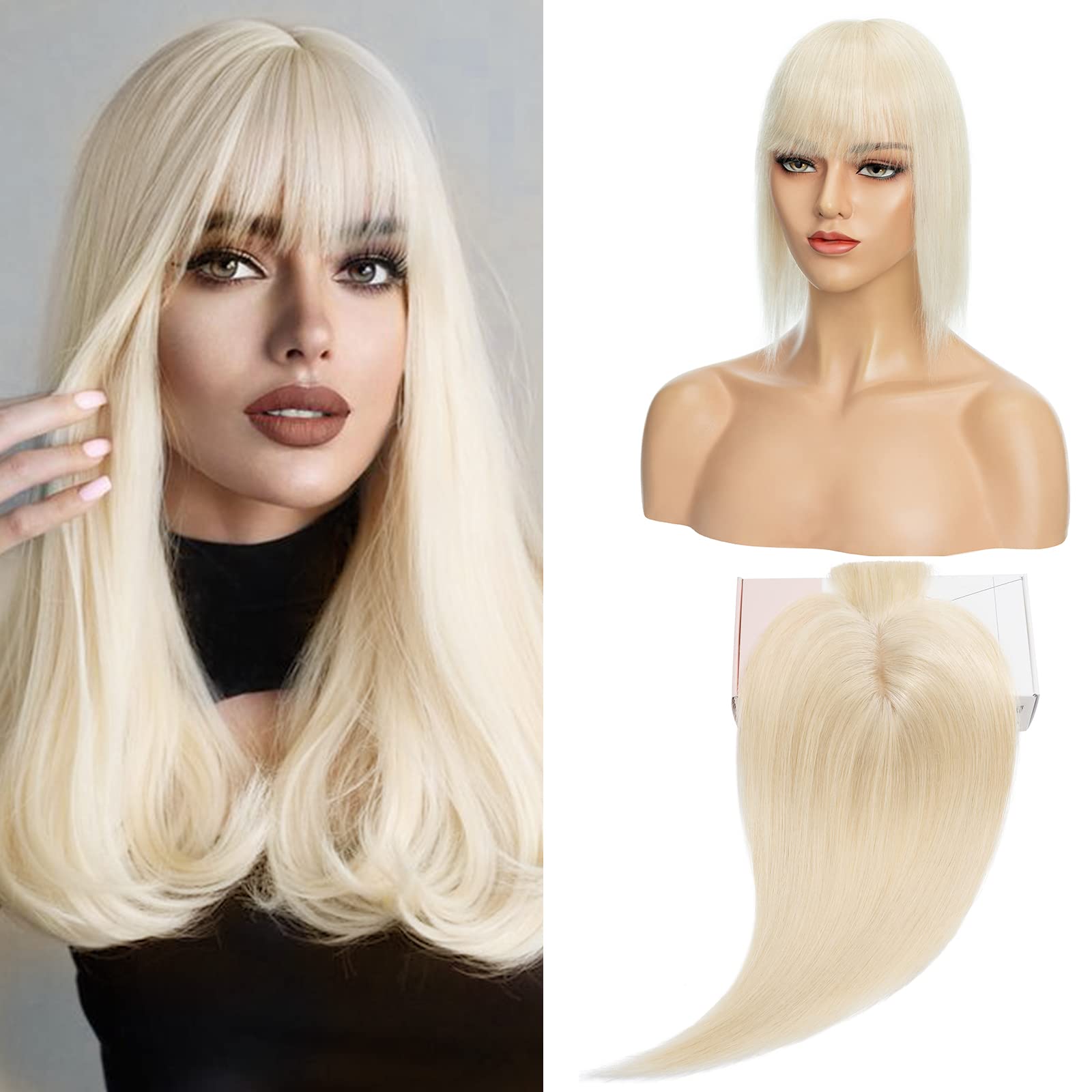 S-noilite Human Hair Toppers for Thinning Hair Women UK 130% Density Topper With Fringe Real Human Hairpiece 53g(#60 Platinum Blonde
