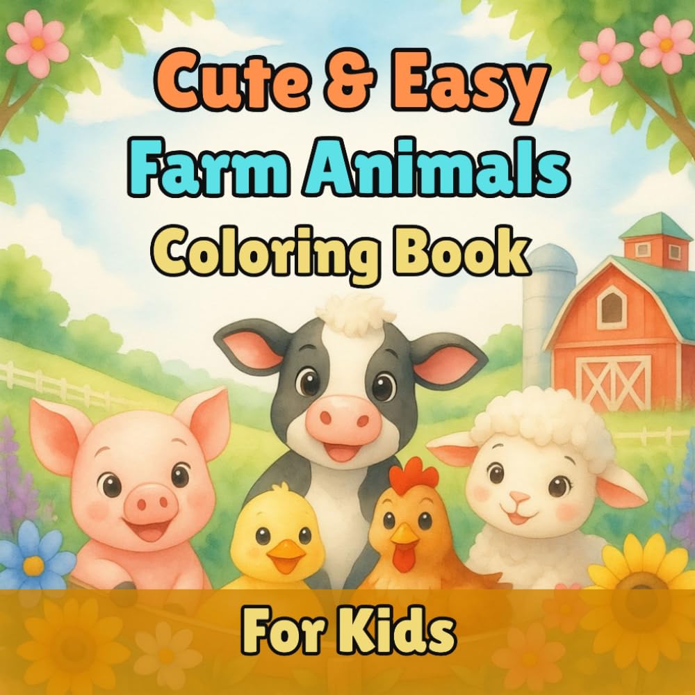 Cute & Easy Farm Animals Coloring Book For Kids: Big, Bold & Easy Coloring Pages of Adorable Farm Animals for Toddlers & Kids Ages 3–8