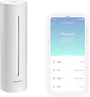 Netatmo Smarter Raumluftsensor für Innenräume, CO2-Sensor, Temperatur, Luftfeuchtigkeit, Geräusch - Haussteuerung, Gesundes Raumklima, Automatische Alarme - Weiß - Limitierte Auflage - NHC-EC