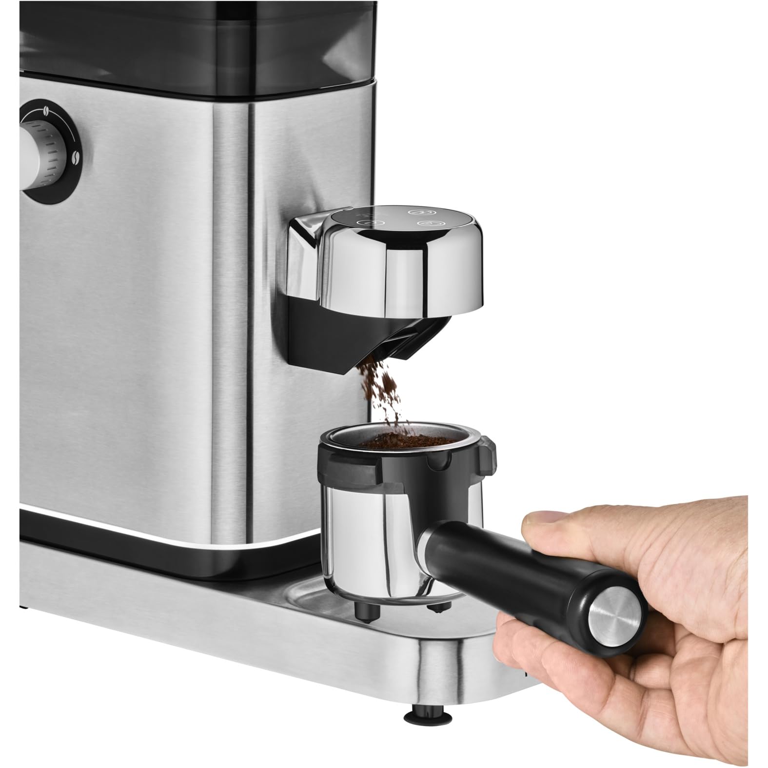WMF Lumero elektryczny młynek do espresso 150 W, przyciski dotykowe LED, 40 stopni mielenia, pojemnik na kawę, stal nierdzewna Cromargan matowa