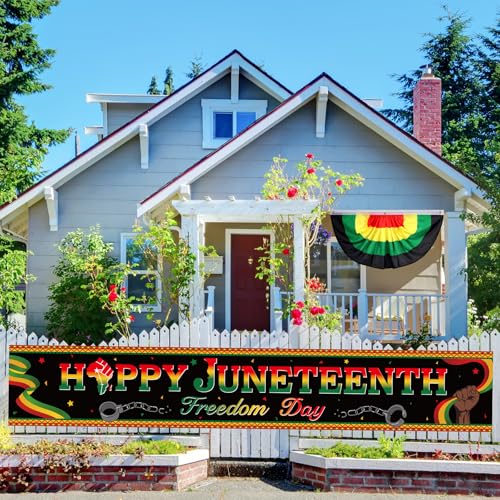Image of Tiamon 3 Pcs Juneteenth Decorations Happy Juneteenth Banner with Bunting Fan Flag Africa America Pleated Half Fan Banner Freedom Day Party Supplies Backdrop for Outdoor Porch Garden