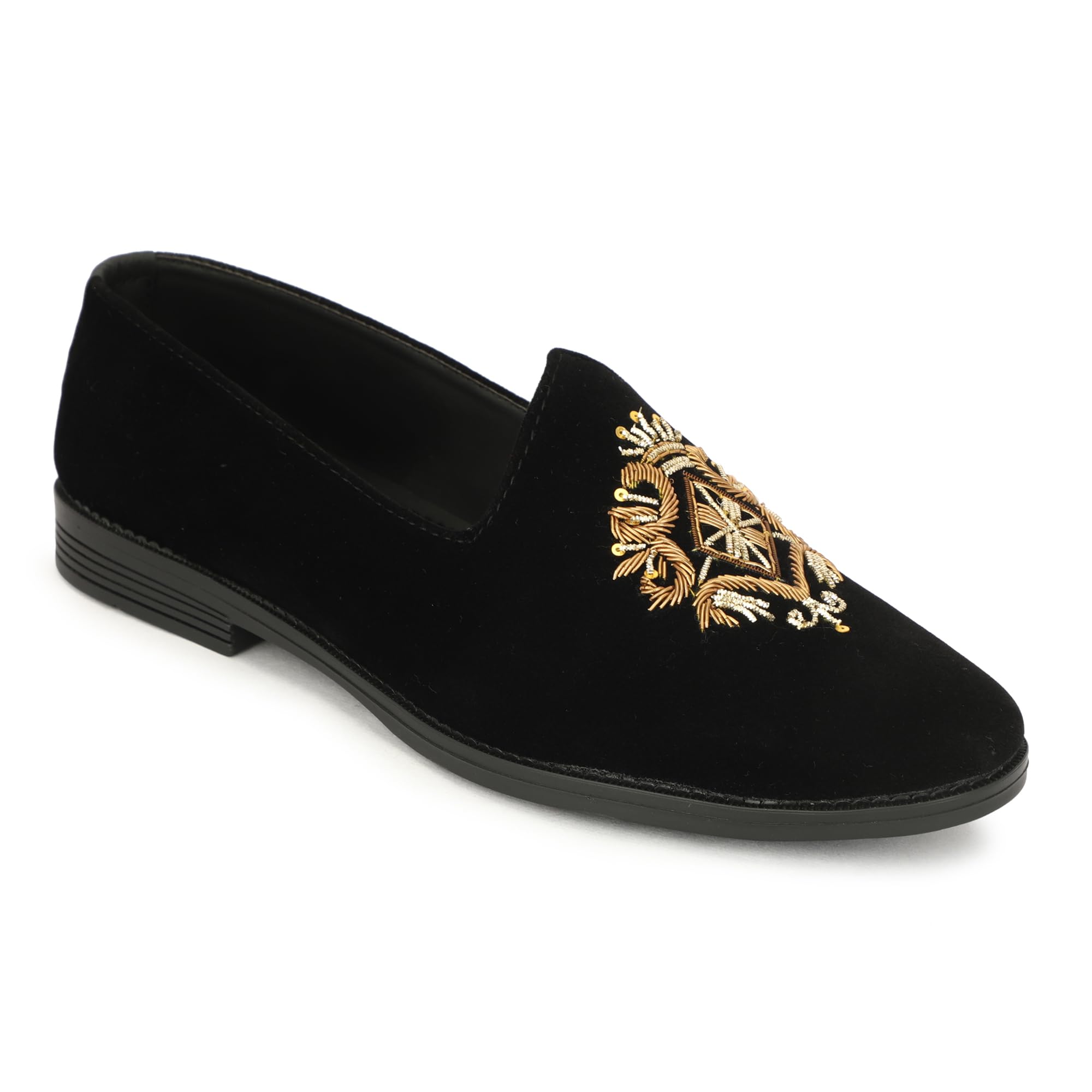 Men's Black Velvet Slip-On Loafers with Royal Embroidery | Ethnic Mojaris for Festive Occasions-image-43
