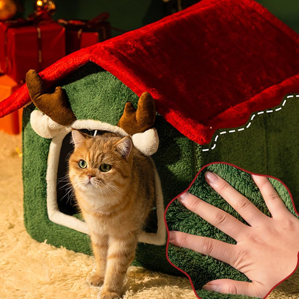Christmas Cat House Xmas Pet Nest Luxury Indoor Dog House Winter Cat Nest Foldable Warm Soft Kennel Cozy Cat House with Removable Cushion Pillow and Non-Slip Bottom