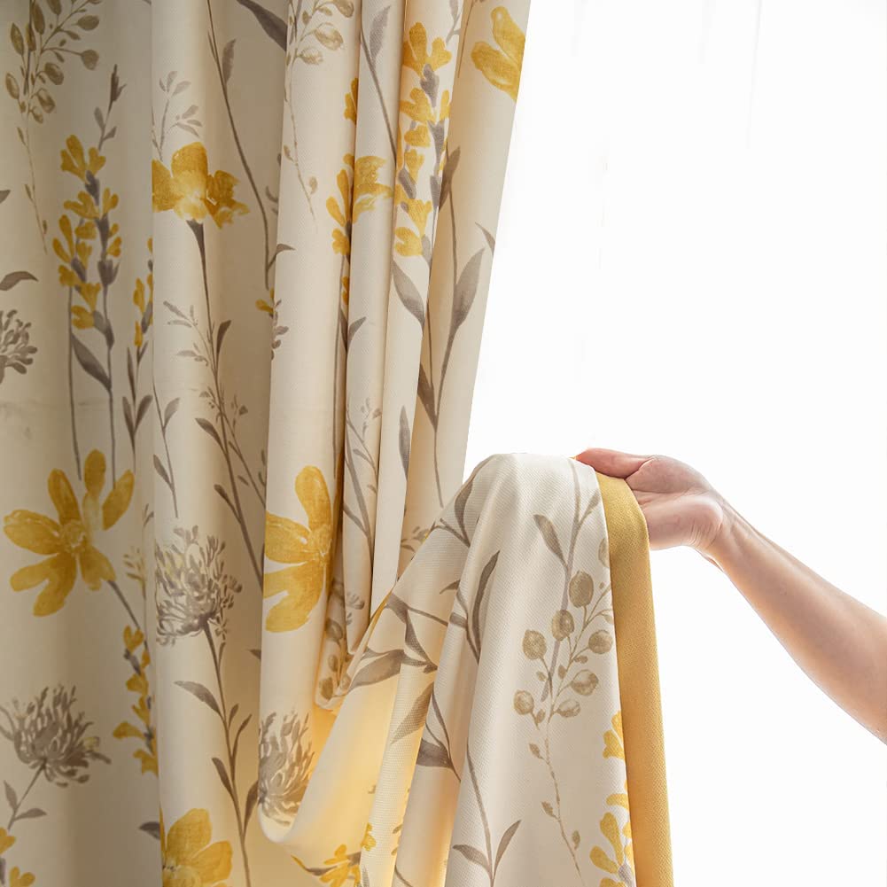 SUOUO Yellow Floral Curtains for Bedroom Light Filtering Print Grey Leaf Chenille Window Drapes for Living Room 2 Panels 96 Inch Length Sunflower