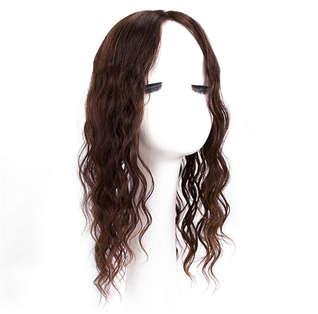 Human Hair Toppers with Clips in, Hand Tied Curly Forehead Topper Hairpieces for Thinning Hair, 5.5"x 6" Silk Base (20" Brown)
