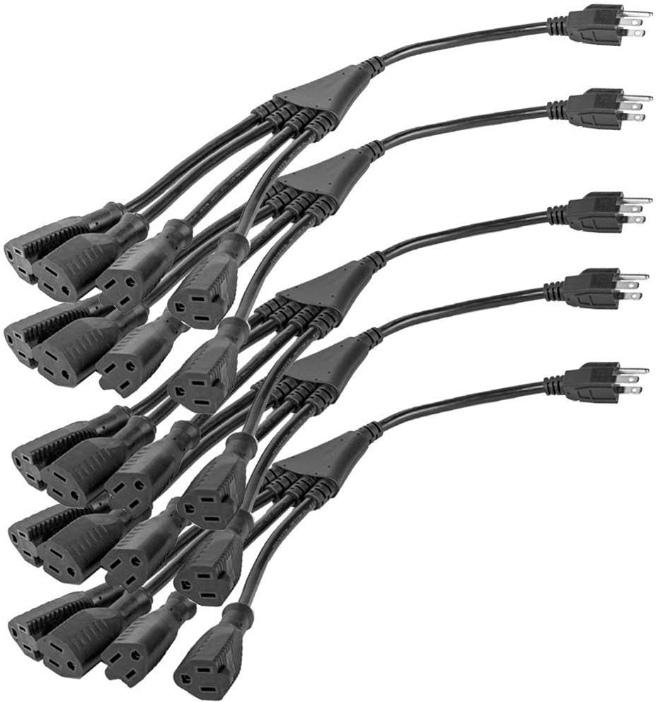 4 Way Power Splitter Pack of 5-1 to 4 Extension Cord Splitter, 1.5' Short Extension Cord UL Listed, Outlet Splitter 3 Prong, Power Strip Outlet Plug, Y Style Extension Cord, Black, SJT 16 AWG