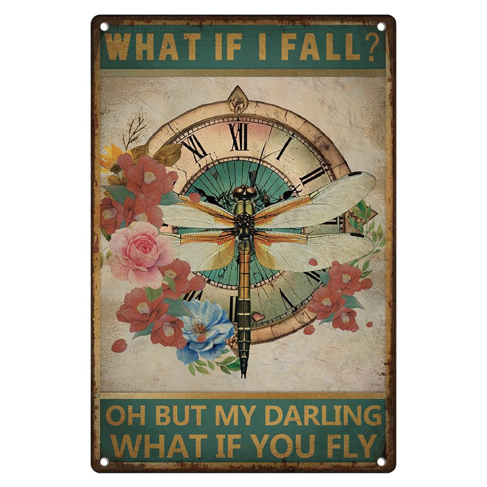 DOODLREAM Dragonfly And Clock Vintage Metal Tin Sign What If I Fall What If You Fly Inspirational Retro Art Poster for Home Office, Cafe Bar Wall Decor 7.9 x 11.9 Inch