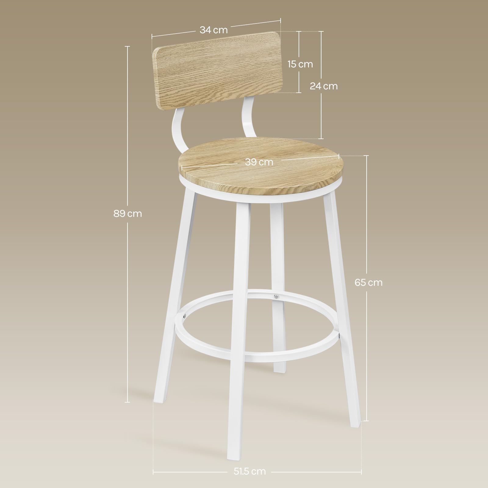 WOLTU Tabouret Bar Lot de 2, Chaise de Bar avec Repose-Pieds et Dossier, Tabourets Haut pour Îlot Central Cuisine, Salle à Manger, Café, Comptoir, en Métal, Chêne Clair