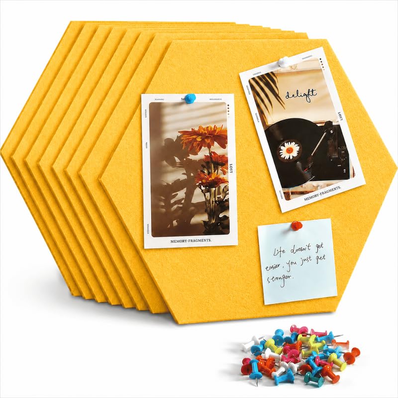Image of Quiet Canvas Hexagon Pinboard, 1x1 ft, Pack of 8, 50 PushPins, (Yellow)