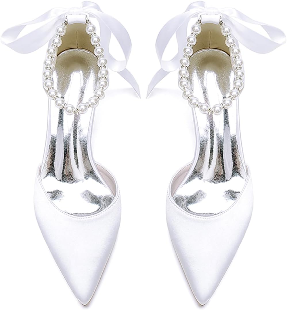 Women's Pointed Toe Kitten Heels Satin Bridal Pumps Ankle Strap Pearls Stilettos Wedding Prom Party Dress Shoes - Image 5