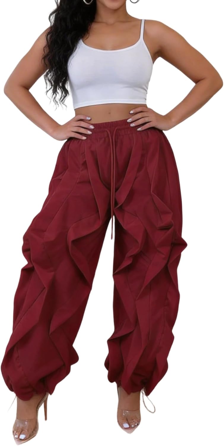 LROSEY Women Baggy Ruffle Wide Leg Pants Trendy Casual Y2k Drawstring Cargo Joggers with Pockets