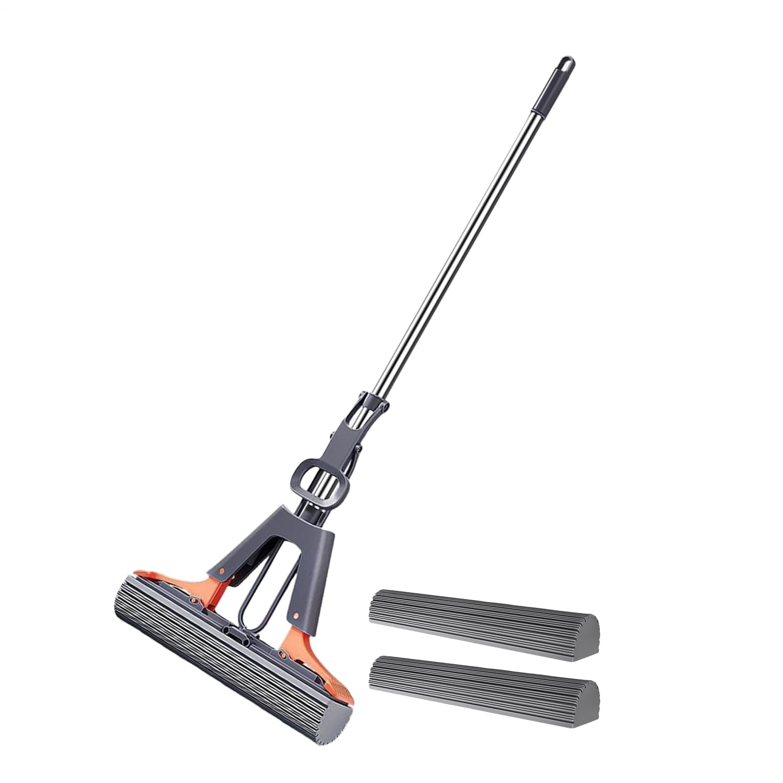 Mopa de esponja manos libres, PVA autoexprimible con 2 cabezales absorbentes reemplazables, mango ajustable de acero inoxidable para una limpieza eficiente en suelos laminados, baldosas, madera dura