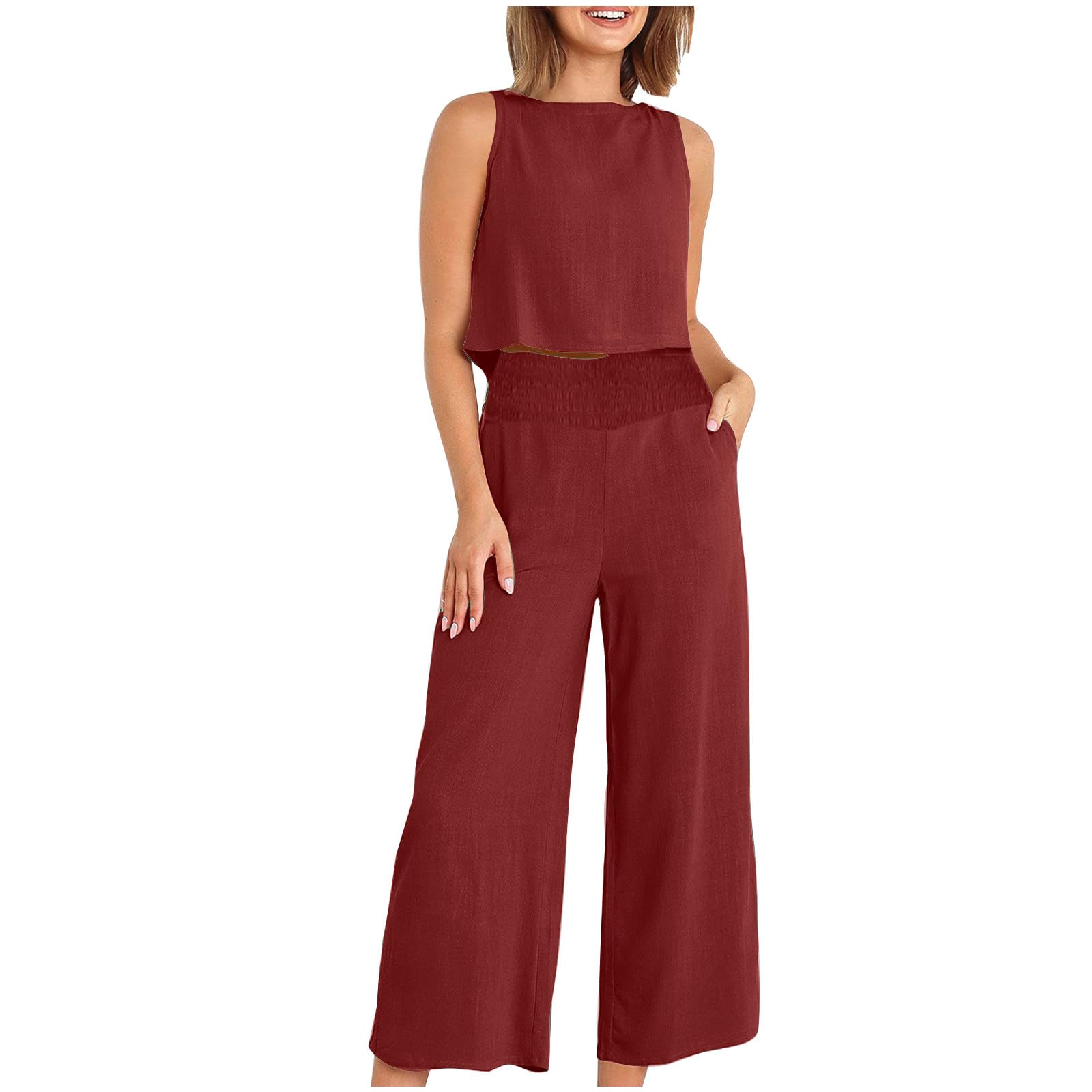 2 Piece Linen Set for Women Pullover Tops and Wide Leg Pants Casual Set Matching Lounge Sets Travel